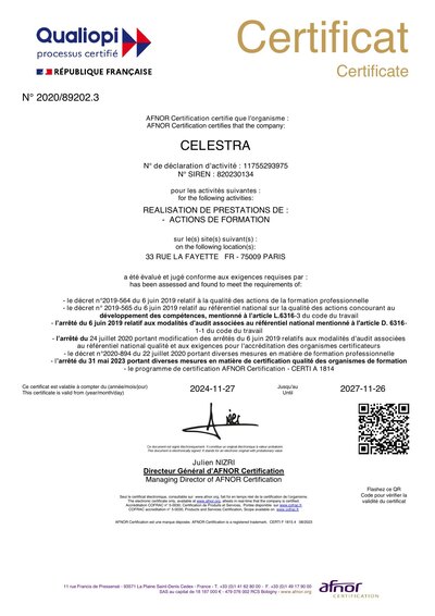 Certificat Qualiopi n° 2020/89202.3 délivré à CELESTRA par AFNOR Certification, valable du 27/11/2024 au 26/11/2027